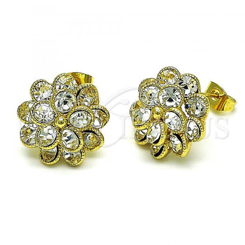 Oro Laminado Stud Earring, Gold Filled Style Flower Design, with Crystal Crystal, Polished, Golden Finish, 02.379.0025