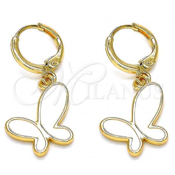 Oro Laminado Dangle Earring, Gold Filled Style Butterfly Design, White Enamel Finish, Golden Finish, 02.377.0025