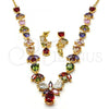 Oro Laminado Necklace and Earring, Gold Filled Style Teardrop and Leaf Design, with Multicolor Cubic Zirconia, Polished, Golden Finish, 06.205.0001