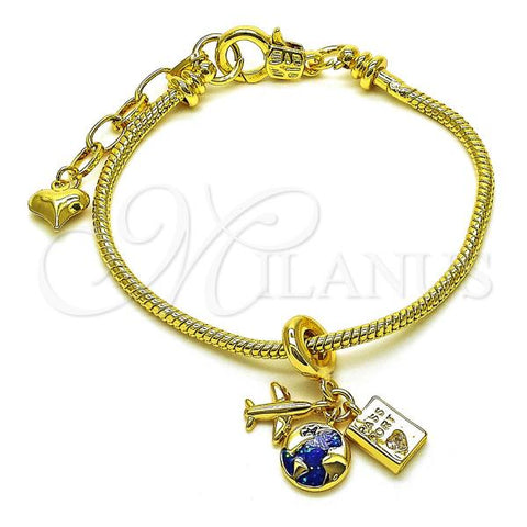 Oro Laminado Fancy Bracelet, Gold Filled Style Airplane and Rat Tail Design, with White Cubic Zirconia, Blue Enamel Finish, Golden Finish, 03.341.0208.07