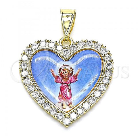 Oro Laminado Religious Pendant, Gold Filled Style Divino Niño and Heart Design, with White Cubic Zirconia, Polished, Golden Finish, 05.253.0147