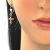 Oro Laminado Dangle Earring, Gold Filled Style Cross Design, with Garnet Crystal, Polished, Golden Finish, 02.351.0036.1