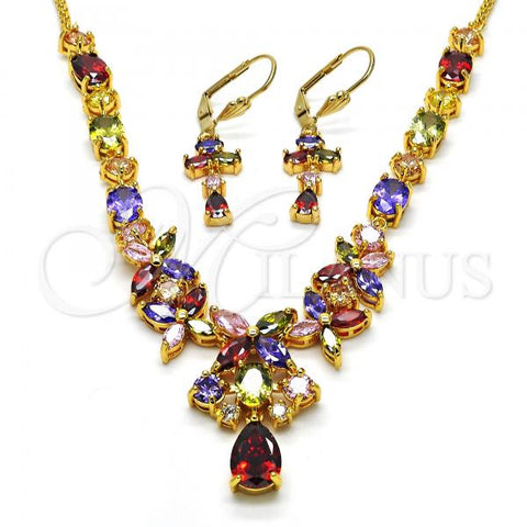 Oro Laminado Necklace and Earring, Gold Filled Style Flower and Teardrop Design, with Multicolor Cubic Zirconia, Polished, Golden Finish, 06.221.0008.1
