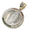 Oro Laminado Religious Pendant, Gold Filled Style Guadalupe and Centenario Coin Design, with Multicolor Cubic Zirconia, Polished, Golden Finish, 05.63.1159.1