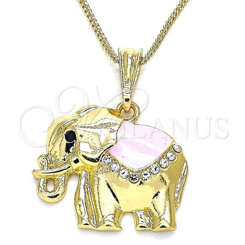 Oro Laminado Pendant Necklace, Gold Filled Style Elephant Design, with White and Black Crystal, Pink Enamel Finish, Golden Finish, 04.380.0025.4.20