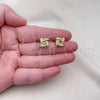 Oro Laminado Stud Earring, Gold Filled Style Love Knot Design, with White Micro Pave, Polished, Golden Finish, 02.156.0634