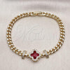 Oro Laminado Fancy Bracelet, Gold Filled Style Four-leaf Clover and Miami Cuban Design, with Ruby Cubic Zirconia and White Micro Pave, Diamond Cutting Finish, Golden Finish, 03.283.0416.2.07