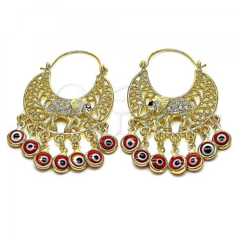 Oro Laminado Long Earring, Gold Filled Style Elephant and Evil Eye Design, with White and Black Crystal, Red Resin Finish, Golden Finish, 02.380.0103