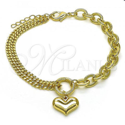 Oro Laminado Fancy Bracelet, Gold Filled Style Heart and Rolo Design, Polished, Golden Finish, 03.213.0209.07