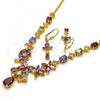 Oro Laminado Necklace and Earring, Gold Filled Style Flower and Teardrop Design, with Multicolor Cubic Zirconia, Polished, Golden Finish, 06.221.0008.1