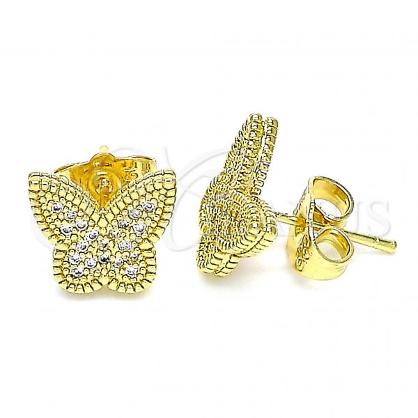 Oro Laminado Stud Earring, Gold Filled Style Butterfly Design, with White Micro Pave, Polished, Golden Finish, 02.156.0561