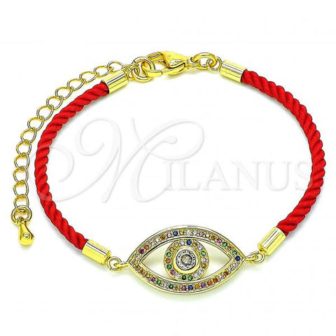 Oro Laminado Fancy Bracelet, Gold Filled Style Evil Eye Design, with Multicolor Micro Pave and White Cubic Zirconia, Polished, Golden Finish, 03.368.0058.06