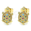 Oro Laminado Stud Earring, Gold Filled Style Turtle Design, with Multicolor Micro Pave, Polished, Golden Finish, 02.210.0408.1