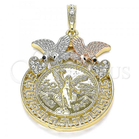 Oro Laminado Religious Pendant, Gold Filled Style Centenario Coin and Angel Design, with White and Black Crystal, Polished, Tricolor, 05.380.0022