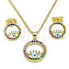 Oro Laminado Earring and Pendant Adult Set, Gold Filled Style Evil Eye Design, with Multicolor Micro Pave, White Enamel Finish, Golden Finish, 10.156.0368