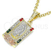 Oro Laminado Religious Pendant, Gold Filled Style Guadalupe and Flower Design, with Multicolor Crystal, Polished, Tricolor, 05.380.0083.1