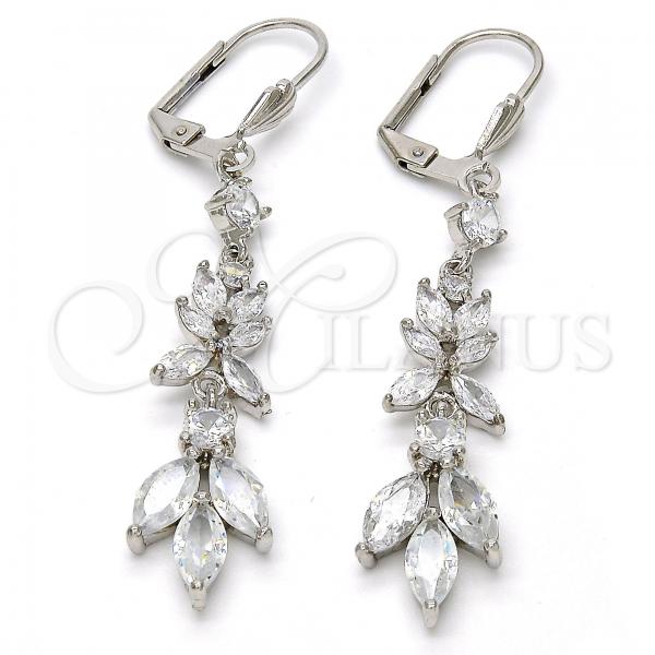 Rhodium Plated Long Earring, Leaf Design, with White Cubic Zirconia, Polished, Rhodium Finish, 02.205.0056.5