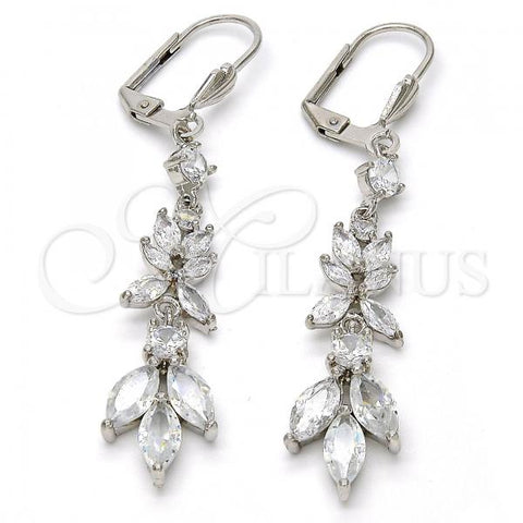 Rhodium Plated Long Earring, Leaf Design, with White Cubic Zirconia, Polished, Rhodium Finish, 02.205.0056.5
