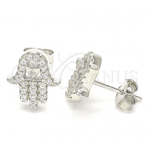 Sterling Silver Stud Earring, Hand of God Design, with White Cubic Zirconia, Polished, Rhodium Finish, 02.336.0118