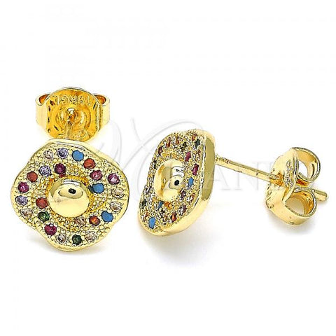 Oro Laminado Stud Earring, Gold Filled Style Flower Design, with Multicolor Micro Pave, Polished, Golden Finish, 02.233.0025