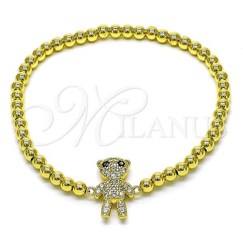 Oro Laminado Fancy Bracelet, Gold Filled Style Expandable Bead and Teddy Bear Design, with White and Black Micro Pave, Polished, Golden Finish, 03.299.0110.07