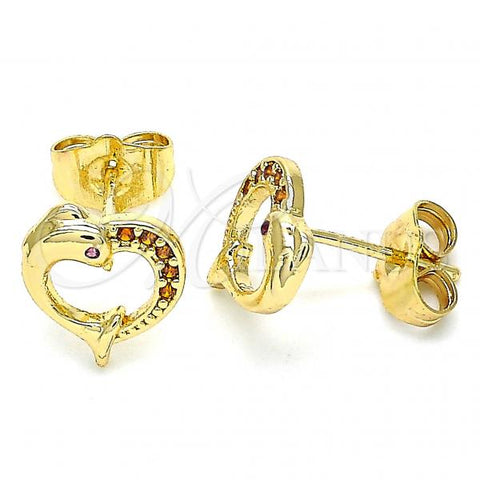 Oro Laminado Stud Earring, Gold Filled Style Heart and Dolphin Design, with Garnet Micro Pave, Polished, Golden Finish, 02.344.0063.1