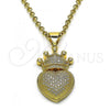 Oro Laminado Fancy Pendant, Gold Filled Style Crown and Heart Design, with White Micro Pave, Polished, Golden Finish, 05.342.0126