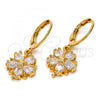 Oro Laminado Dangle Earring, Gold Filled Style Flower and Star Design, with White Cubic Zirconia, Polished, Golden Finish, 02.217.0056