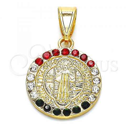 Oro Laminado Religious Pendant, Gold Filled Style San Benito Design, with Multicolor Crystal, Polished, Golden Finish, 05.351.0010