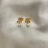 Oro Laminado Stud Earring, Gold Filled Style with White Micro Pave and Ivory Pearl, Polished, Golden Finish, 02.310.0084