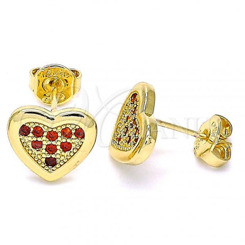 Oro Laminado Stud Earring, Gold Filled Style Heart Design, with Garnet Micro Pave, Polished, Golden Finish, 02.156.0394.1