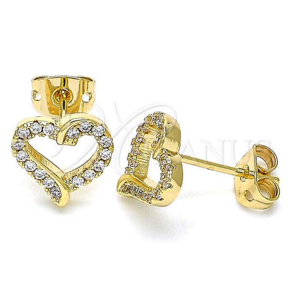 Oro Laminado Stud Earring, Gold Filled Style Heart Design, with White Micro Pave, Polished, Golden Finish, 02.342.0099