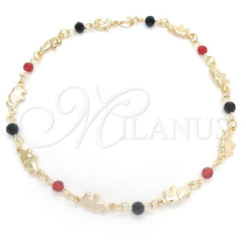 Oro Laminado Fancy Anklet, Gold Filled Style Elephant and Ball Design, with Garnet Crystal and Black Azavache, Polished, Golden Finish, 03.32.0571.10