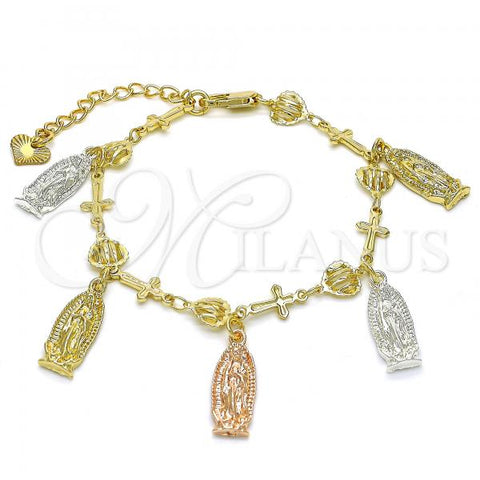 Oro Laminado Fancy Bracelet, Gold Filled Style Guadalupe and Cross Design, Polished, Tricolor, 03.351.0030.07