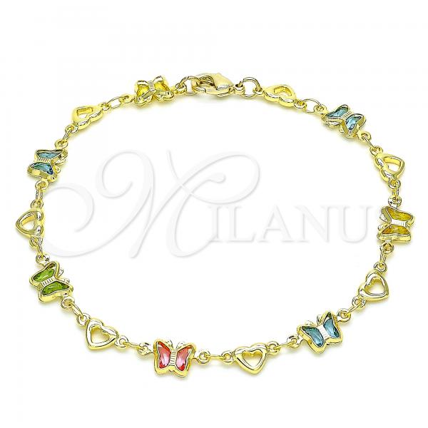 Oro Laminado Fancy Bracelet, Gold Filled Style Butterfly and Heart Design, with Multicolor Crystal, Polished, Golden Finish, 03.386.0013.08