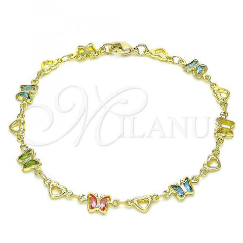 Oro Laminado Fancy Bracelet, Gold Filled Style Butterfly and Heart Design, with Multicolor Crystal, Polished, Golden Finish, 03.386.0013.08