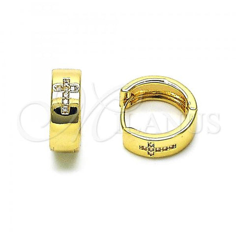 Oro Laminado Huggie Hoop, Gold Filled Style Cross Design, with White Micro Pave, Polished, Golden Finish, 02.195.0148.13