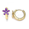 Oro Laminado Huggie Hoop, Gold Filled Style Flower Design, Purple Enamel Finish, Golden Finish, 02.213.0180.1.12