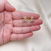 Oro Laminado Stud Earring, Gold Filled Style Teddy Bear Design, with Pink Cubic Zirconia and White Micro Pave, Polished, Golden Finish, 02.342.0286