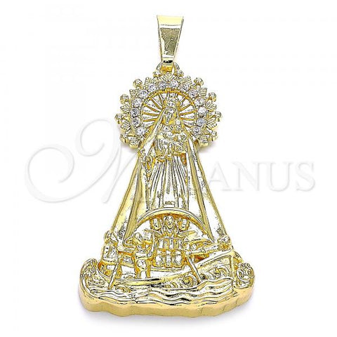 Oro Laminado Religious Pendant, Gold Filled Style Caridad del Cobre Design, with White Cubic Zirconia, Polished, Golden Finish, 05.253.0154