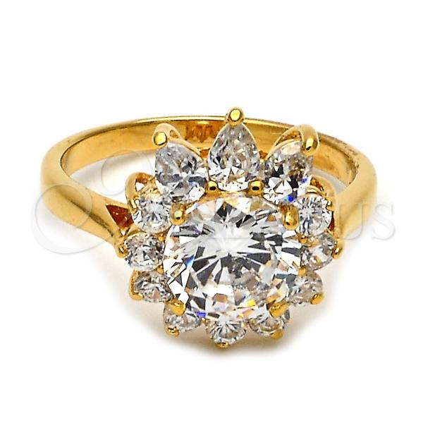 Oro Laminado Multi Stone Ring, Gold Filled Style Flower Design, with White Cubic Zirconia, Polished, Golden Finish, 01.63.0136.08 (Size 8)