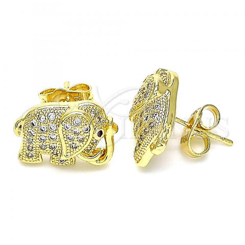 Oro Laminado Stud Earring, Gold Filled Style Elephant Design, with White and Ruby Micro Pave, Polished, Golden Finish, 02.156.0582
