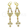 Oro Laminado Long Earring, Gold Filled Style Heart and Guadalupe Design, Polished, Tricolor, 02.253.0086