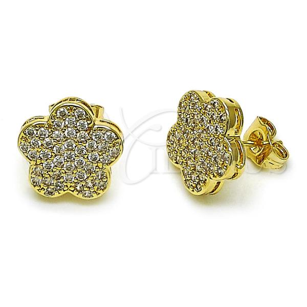 Oro Laminado Stud Earring, Gold Filled Style Flower Design, with White Cubic Zirconia, Polished, Golden Finish, 02.283.0204