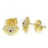 Oro Laminado Stud Earring, Gold Filled Style Evil Eye Design, with Sapphire Blue Micro Pave, Polished, Golden Finish, 02.156.0542