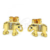 Oro Laminado Stud Earring, Gold Filled Style Elephant Design, with White and Black Micro Pave, Polished, Golden Finish, 02.213.0369