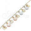 Oro Laminado Charm Anklet , Gold Filled Style Sun Design, with White Crystal, Polished, Tricolor, 03.331.0056.10