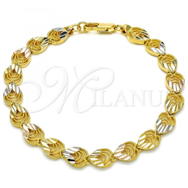 Oro Laminado Fancy Bracelet, Gold Filled Style Heart and Teardrop Design, Polished, Tricolor, 03.100.0053.1.08