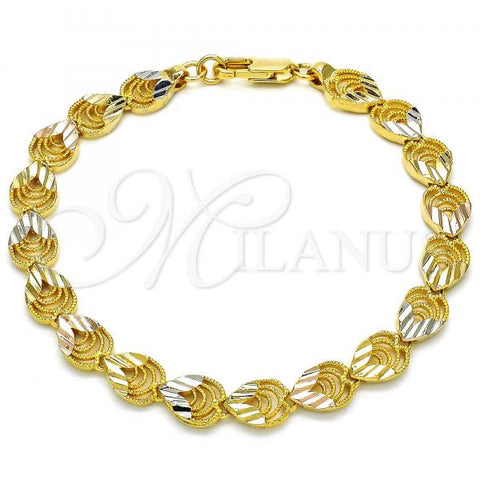 Oro Laminado Fancy Bracelet, Gold Filled Style Heart and Teardrop Design, Polished, Tricolor, 03.100.0053.1.08