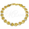 Oro Laminado Fancy Bracelet, Gold Filled Style Heart and Teardrop Design, Polished, Tricolor, 03.100.0053.1.08